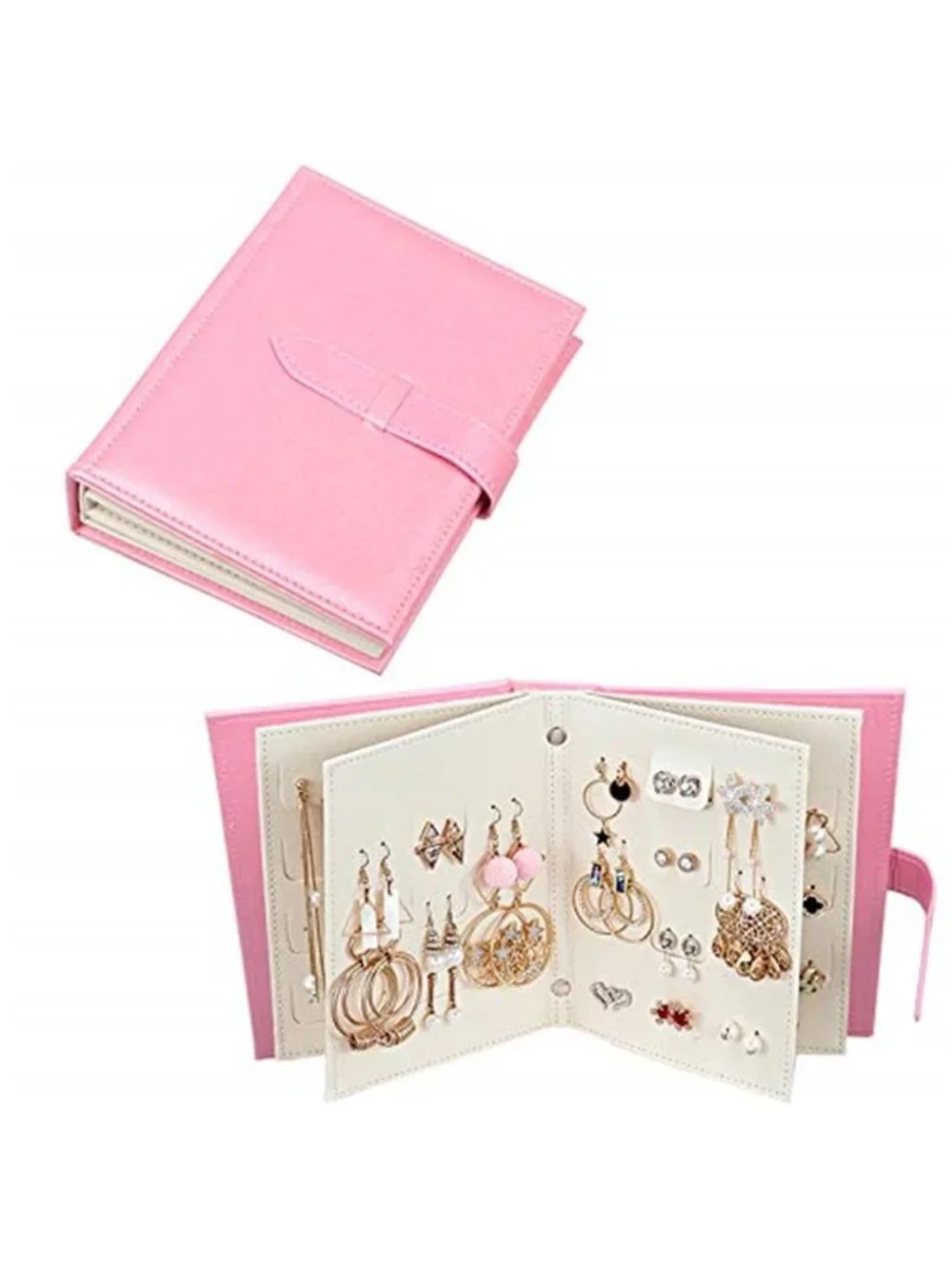 Pink Earring Organizer Book Holder Travel Case Faux Leather Holds 42 Pairs